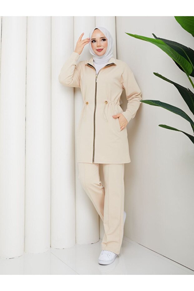 Women's 2 Piece Tracksuit Set Two Yarns Cotton Zippered Comfortable N-05512 _ Beige