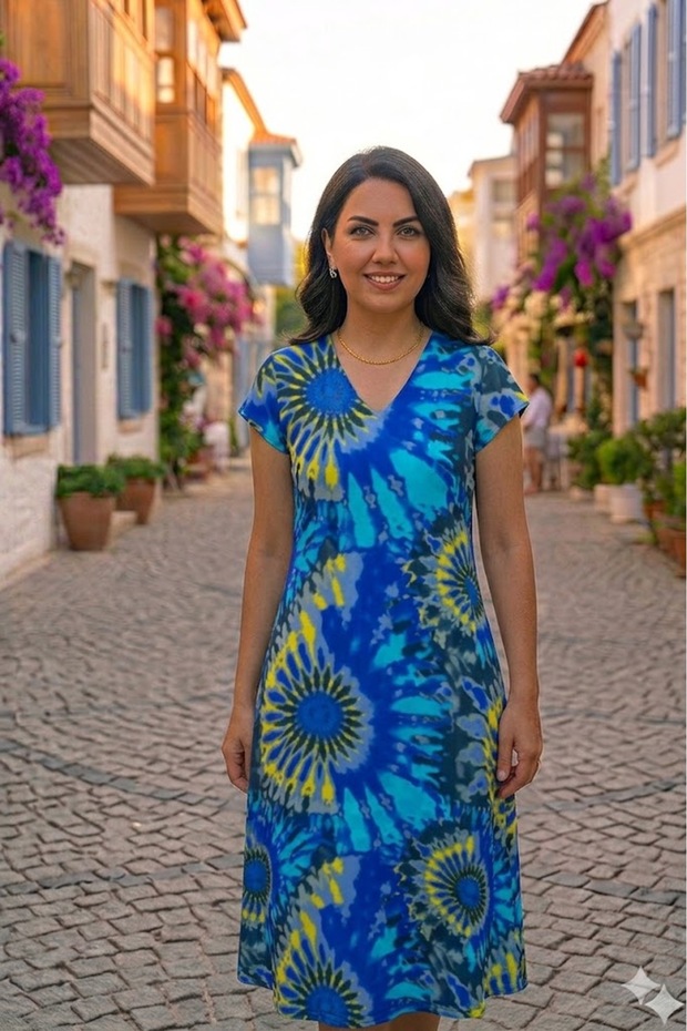 New Season Women's Summer Picasso Viscose Low-Sleeve Dress
