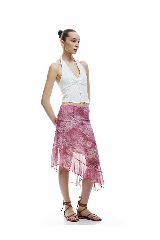 Asymmetrical Layered Slim Fit Tulle Midi Skirt