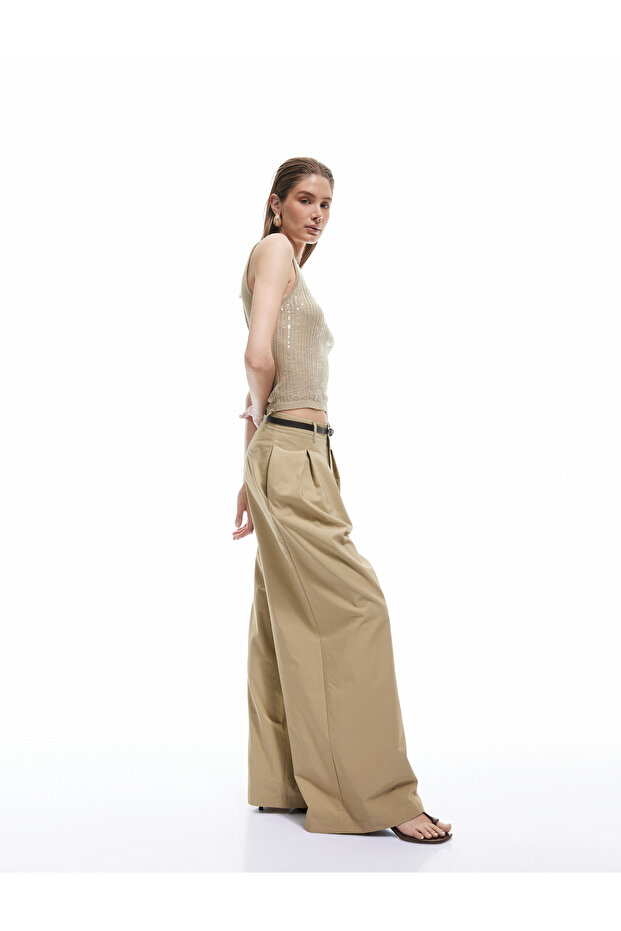 Belted Pleated Detailed Wide Leg Fabric Trousers