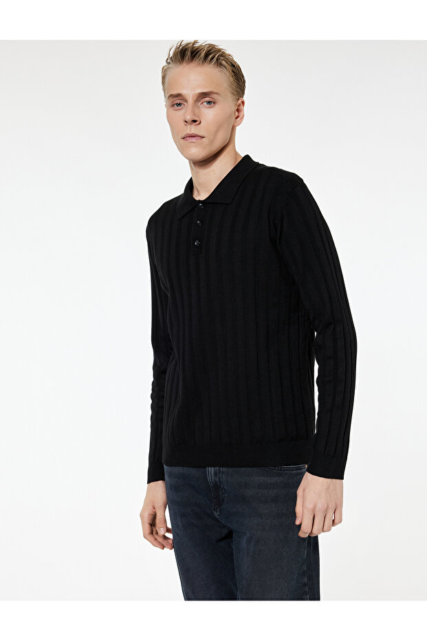 Polo Neck Button Detailed Long Sleeve Winter Knitwear Sweater