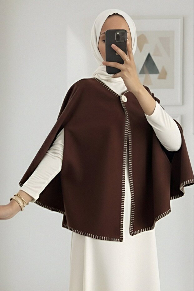 Shepherd's Stitched Pocketed Cashmere Poncho -Brown