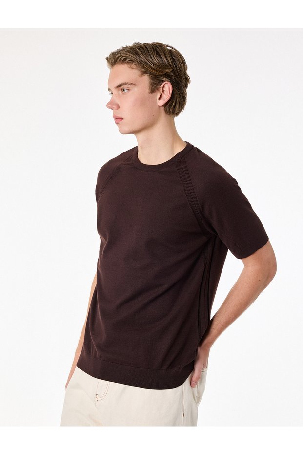 Regular Fit Viscose Blended Knit Detailed Crew Neck Short Sleeve Knitwear T-Shirt