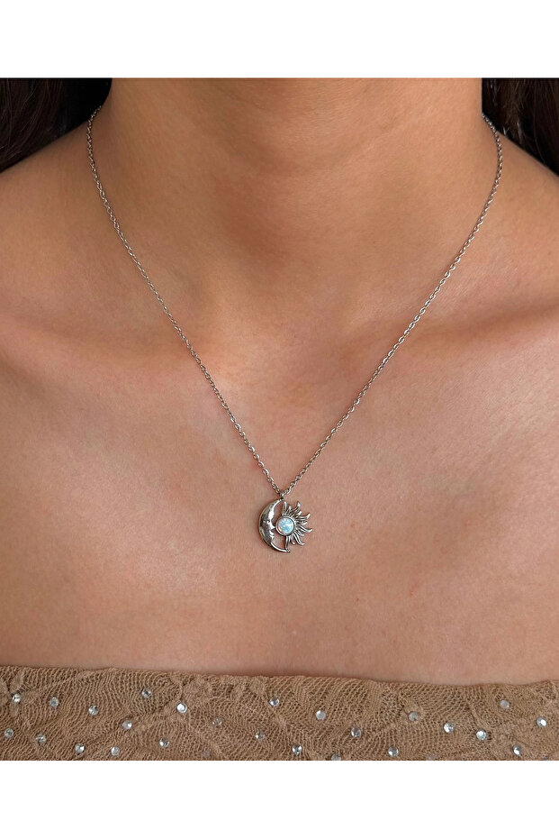 Steel Silver Sun & Moon Necklace