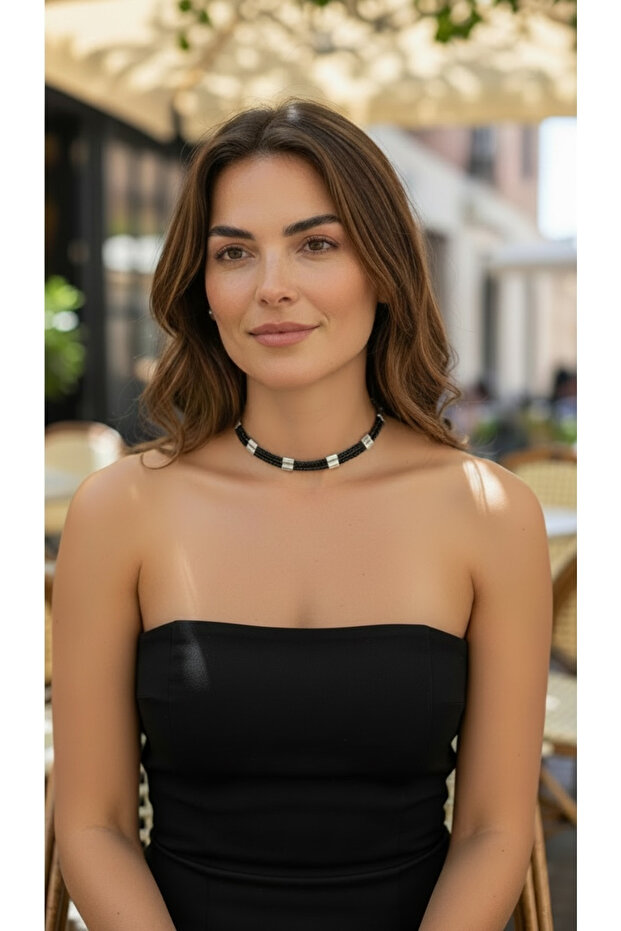 Bensei̇ Silver Color Lacquer Finish Choker Necklace with Accessories and Black Miyuki Beads, Steel Chain