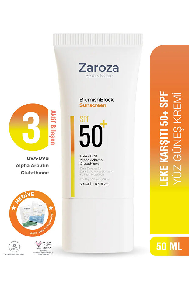 ZAROZA Leke Karşıtı ve Cilt Tonu Eşitleyici Yüz İçin Güneş Kremi - Arbutin + Glulatyon UVA UVB SPF50+