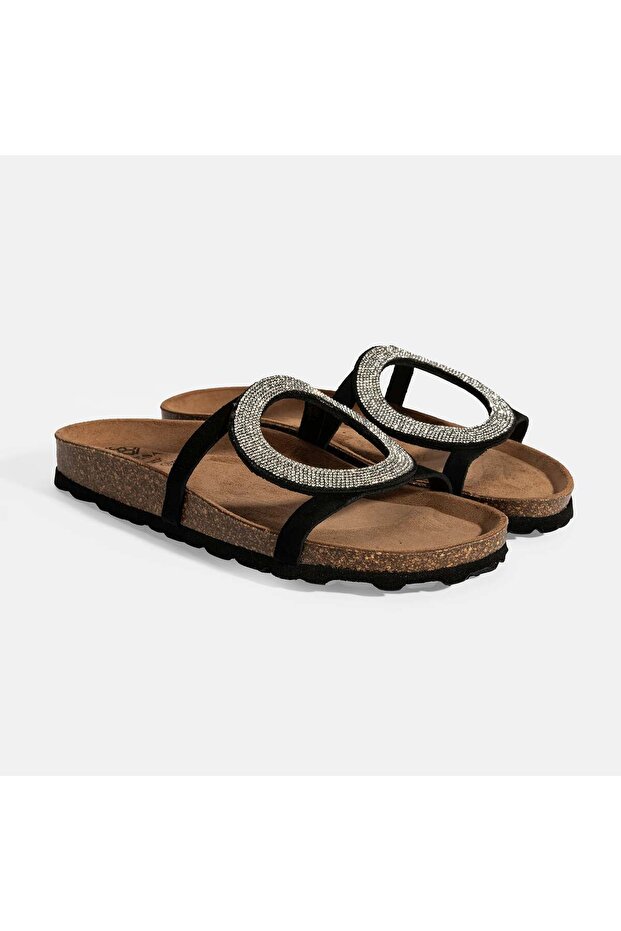 Women's Black Stone Detailed Suede Slippers