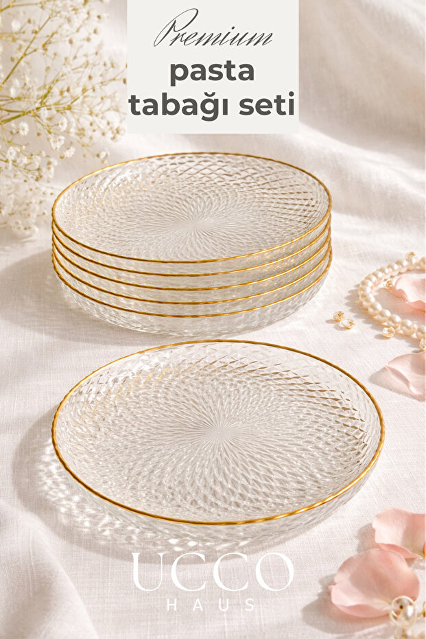 6-Piece Aden Premium Gold Glass Luxury 19 cm Cake Plate Set | Tea Time Coffee Side Serving Plate