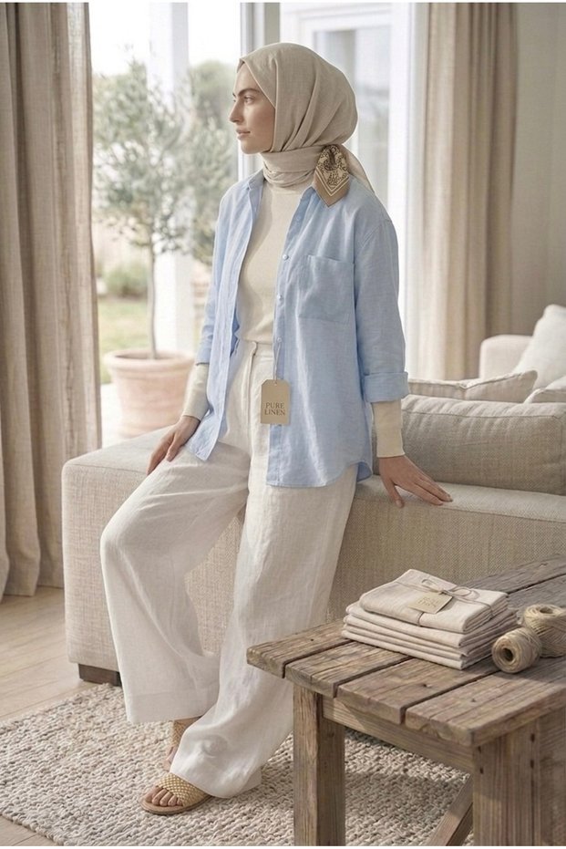 Hijab Collar Is Closed Natural Linen Fabric Loose Fit Comfortable Cut Shirt Blue