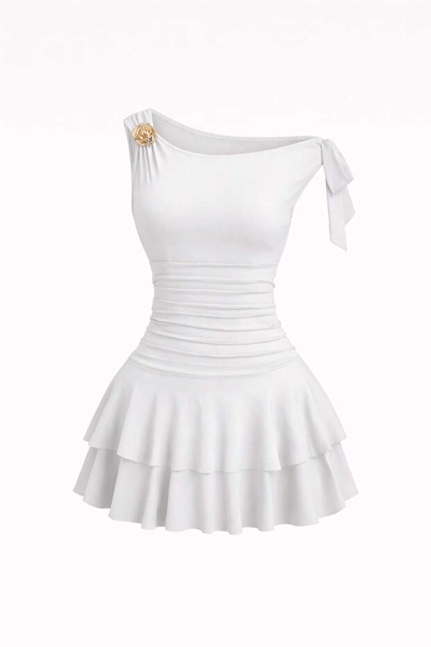 Low Sleeve Draped Rose Detailed Flounce Mini Dress