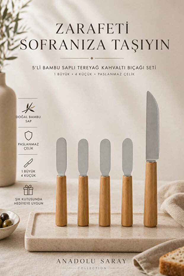 5-Piece Bamboo Handle Butter Breakfast Knife Set 1 Large 4 Small Stainless Steel