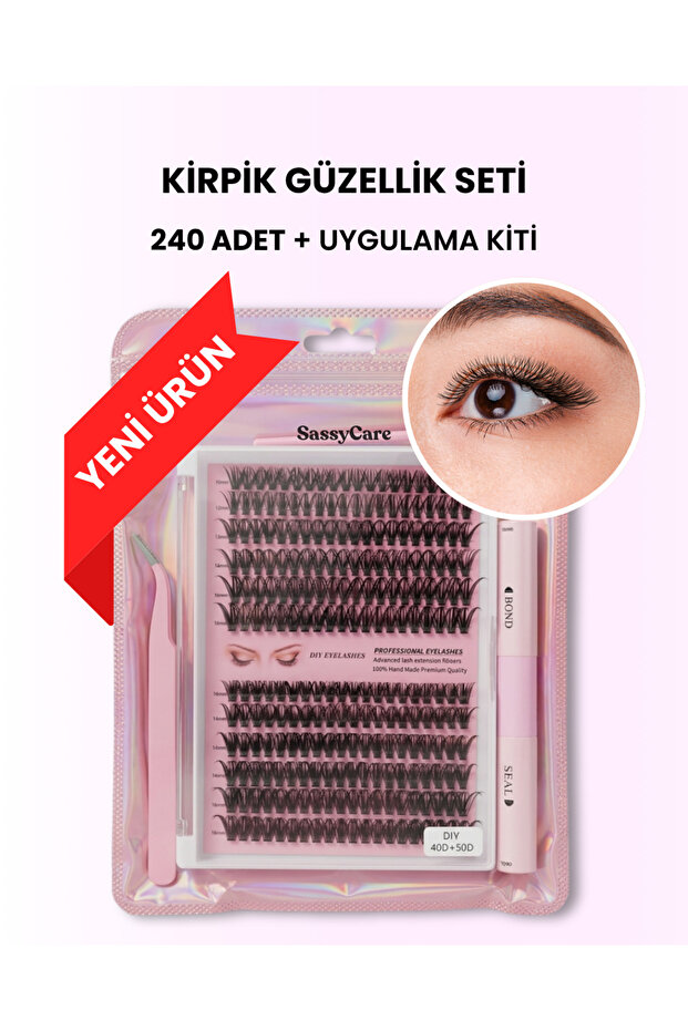 SassyCare 240’lı Takma Kirpik Seti – Yapıştırıcı, Sabitleyici, Cımbız ve Kirpik Fırçası Dahil Profesyonel Set