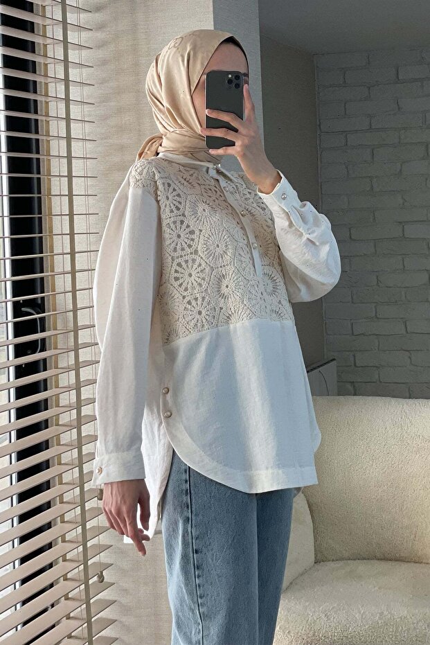 61640 Beige Tunic - Lace Front Detail