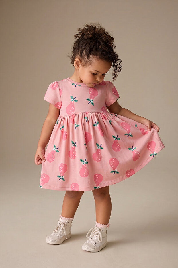 100% Cotton Crew Neck Short Sleeve Patterned Girl's Dress