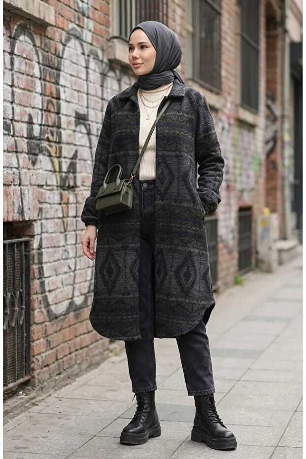 Ethnic Patterned Button Transitional Coat 2500-05 Khaki Anthracite