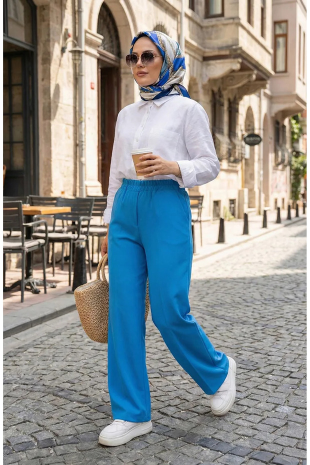 Elastic Waist Wide Leg Trousers 5501-02 Blue