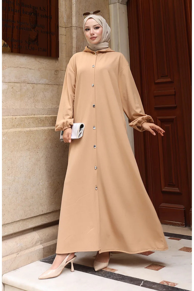 Hooded front button hijab abaya 2173-03 milky coffee