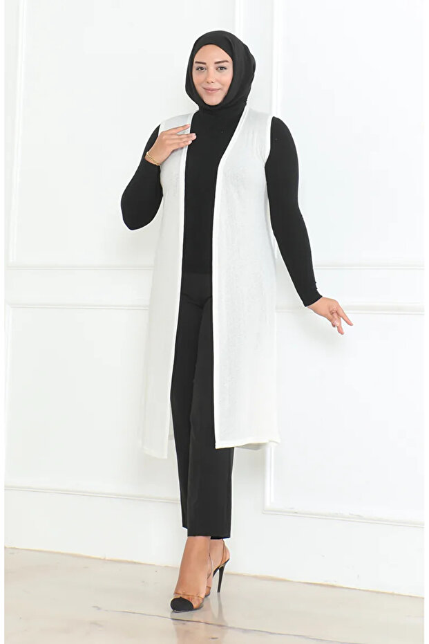 Large Size Flowy Long Seasonal Vest 8739-03 Off White