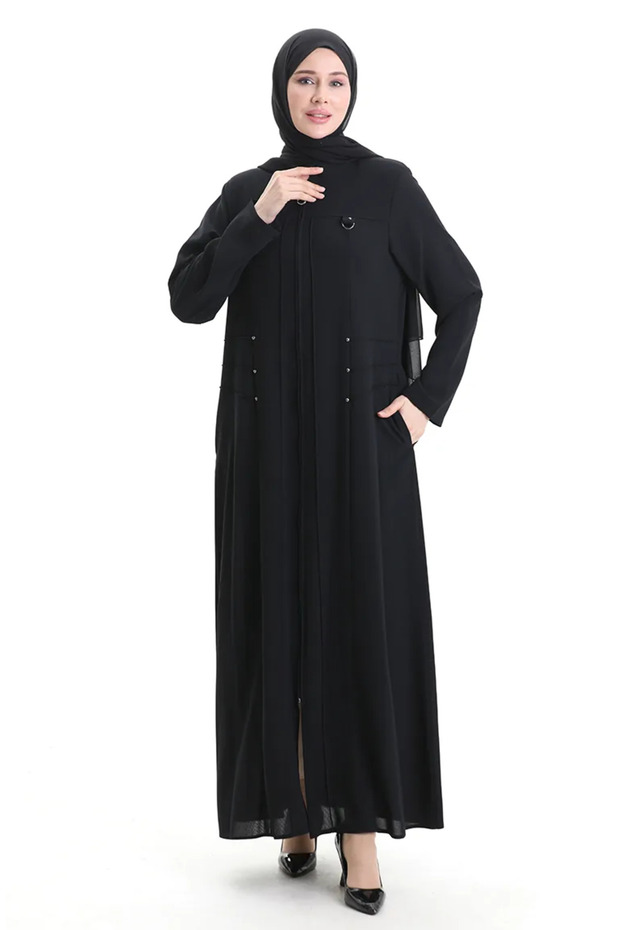 Large Size Metal Bead Zippered Ferace 6148-01 Black