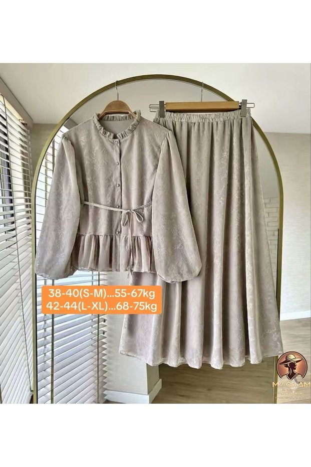 Women's Modest Patterned Skirted Two-Piece Set Lace-Detail Lined Stylish and Elegant Outfit