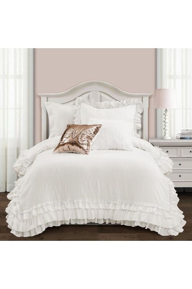 Double White Organic Cotton Frilly Duvet Cover Set