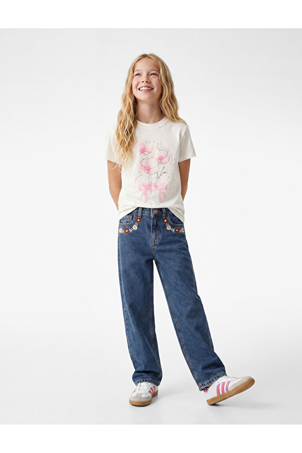 Stone Detailed Short Sleeve Crew Neck Floral Printed Cotton T-Shirt