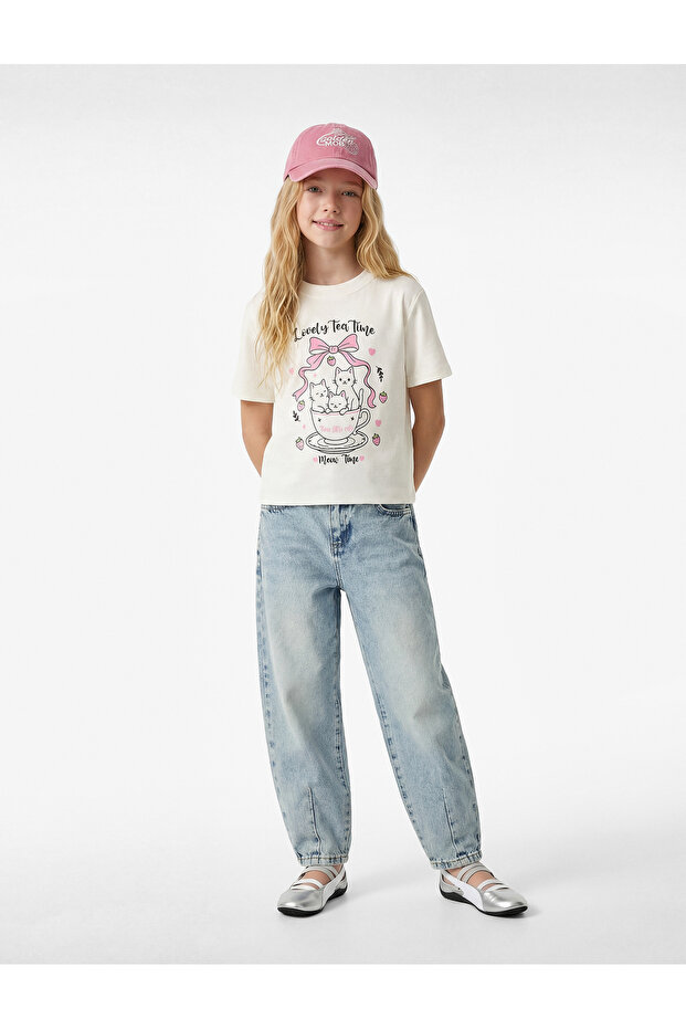 Crew Neck Short Sleeve Cotton Cat Print T-Shirt