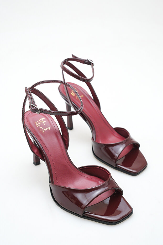 Burgundy Patent Leather Ankle Strap High Heeled Shoes