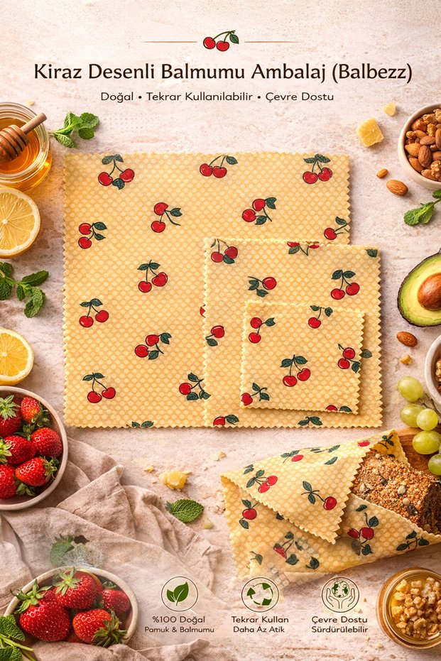 Cherry Patterned Wax Food Storage Cloth Set of 3 (38X38 / 28X28 / 18X18)