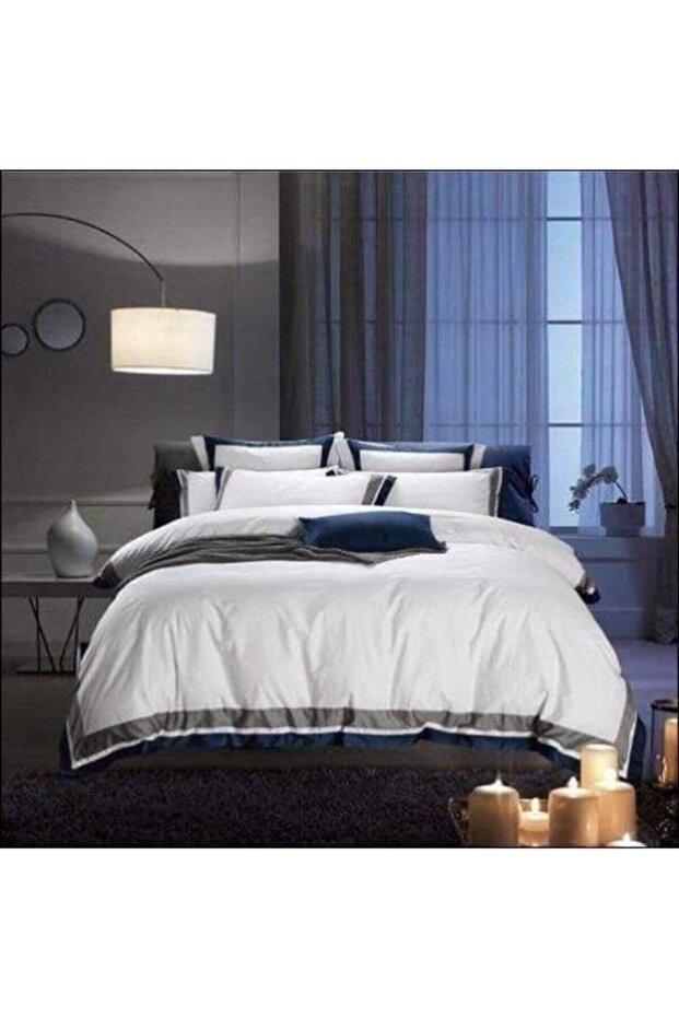 Gray White Navy Blue Square Cotton Satin Duvet Cover Set