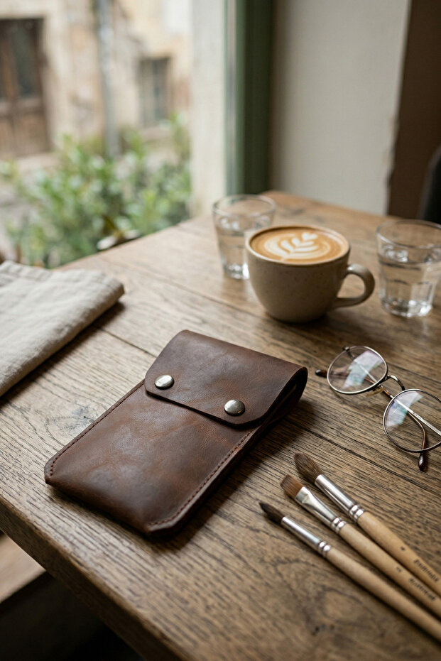 100% Genuine Leather Pen Holder with Snap Closure, Multi-Purpose Leather Case