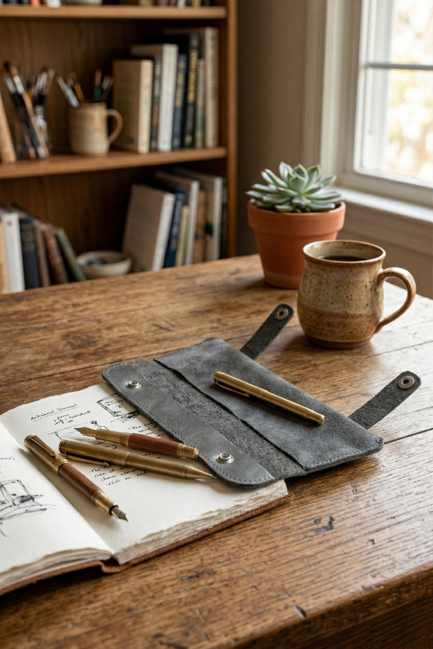 100% Genuine Leather Roll-Up Pen Holder, Multi-Purpose Leather Case with Snap Closure