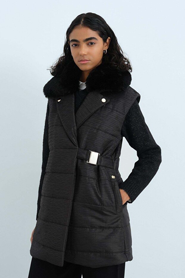 Black Quilted Vest with Fur Belt