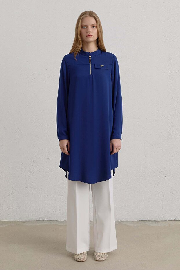 Zipper Detailed High Collar Basic Tunic Indigo - 1