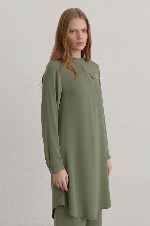 Zipper Detailed High Collar Basic Tunic Green - 2