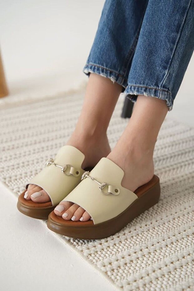 Beige Genuine Leather Slippers