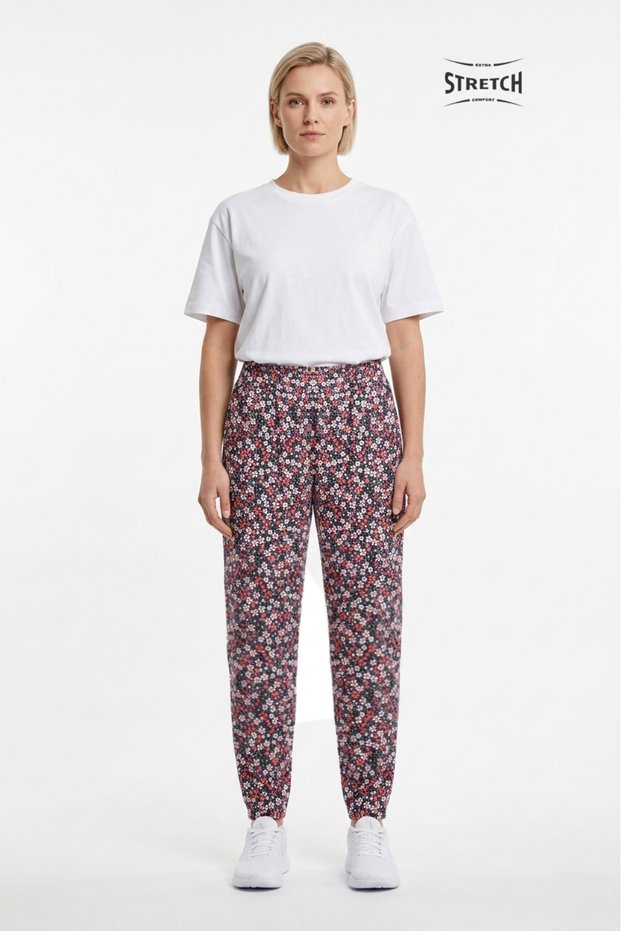 Women's Florina Regular Waist Elastic Waist Floral Printed Narrow Leg Stretchy Combed Cotton Trousers Salmon
