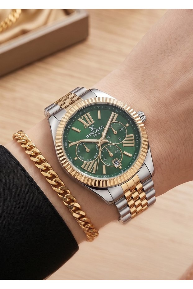 Women's Double Color Gold Silver Metal Cord Green Dial Calendar Wrist Watch 2 Years Warranty