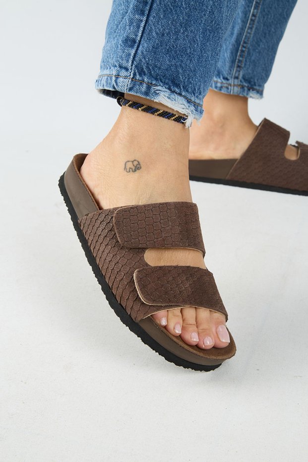 ® Premium Tolly Genuine Leather Snake Textured Double Belted Velcro Women's Daily Slippers
