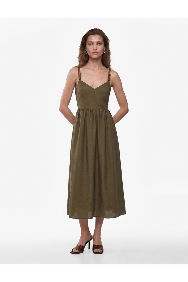Modal Midi Dress with V-Neck Pockets and Adjustable Straps