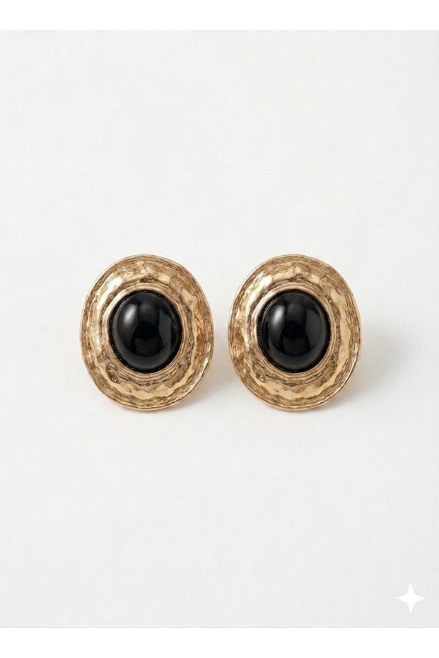 Black Stone Gold Detailed Steel Women's Earrings
