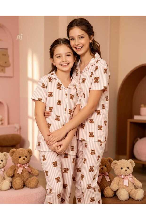 Mother & Daughter Ecru Color Pink Striped Teddy Bear Pattern Cute Spring Shirt Collar Buttoned Children's Pajama Set