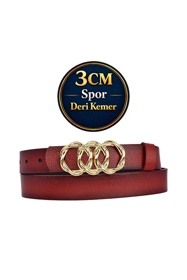100% Genuine Leather, Gold Knitted Buckle 3 Cm Red Women's Belt; Dress, Trouser Belt = 3cm-kdn-45
