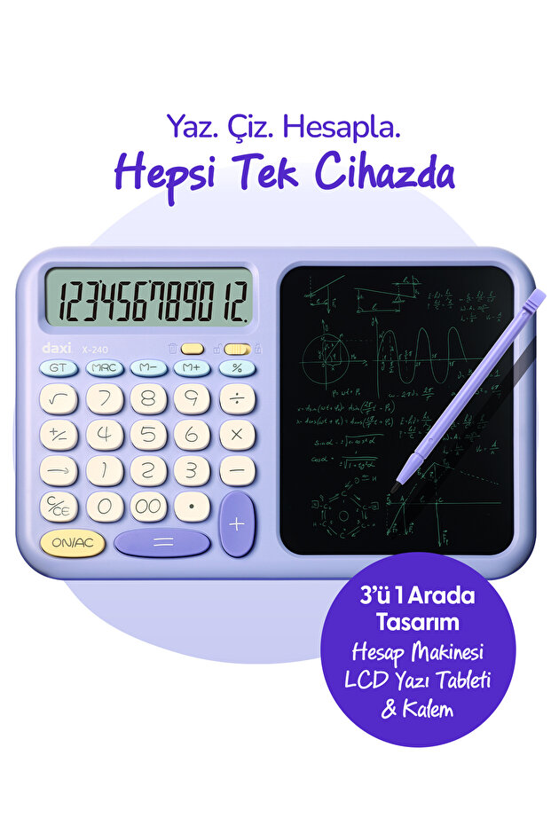Daxi X-240 LCD Yazı Tabletli Hesap Makinesi, 12 Haneli, Kalemli, 24x15 cm