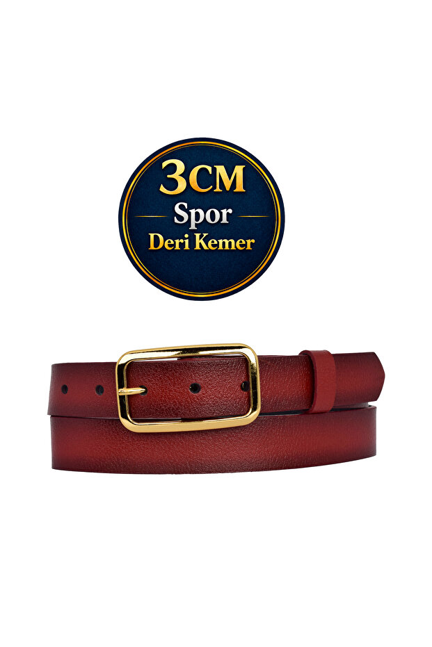 100% Genuine Leather, Gold Color Buckle Red 3 cm Women's Belt, Trouser Belt, Shorts Belt 3cmkdn50