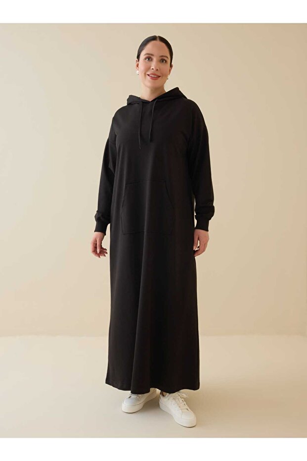 Cotton Hooded Sports Plus Size Dress - Black - Alia