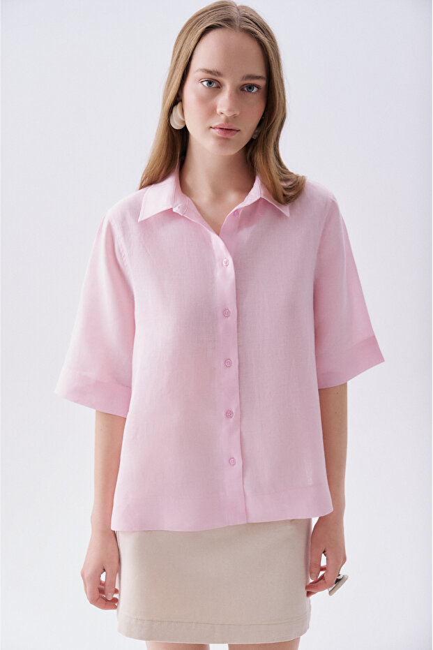 Women's Pink 3/4 Sleeve Oversize Linen Shirt