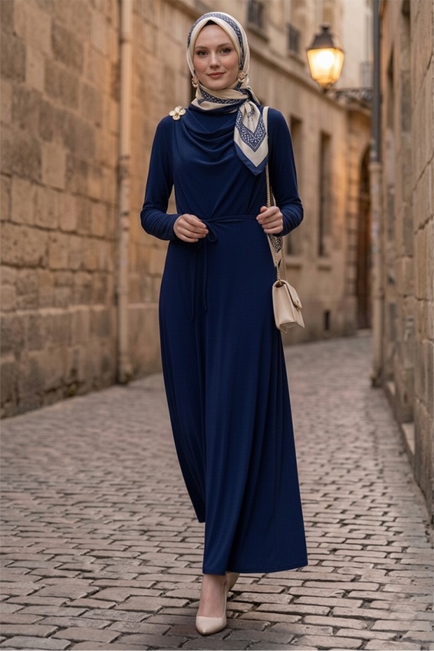 Shawl Tie-Detail Dress 1691 - Navy Blue