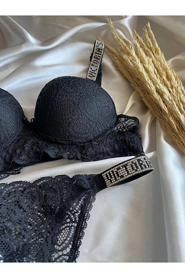 الدانتيل المطاط رجم Underwire دعم مبطن دفع ما يصل الصدرية السوداء ومجموعة الملابس الداخلية سلسلة