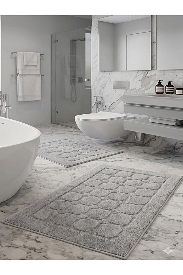 Cotton Tufting 2-Piece Toilet Seat Set, Bathroom Set, Bathroom Mat Set, Honeycomb Pattern, Gray